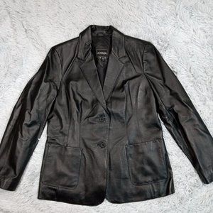 Outbrook Womens Jacket Coat Leather Black‎ M 2 Button Lined Long Sleeve Pockets